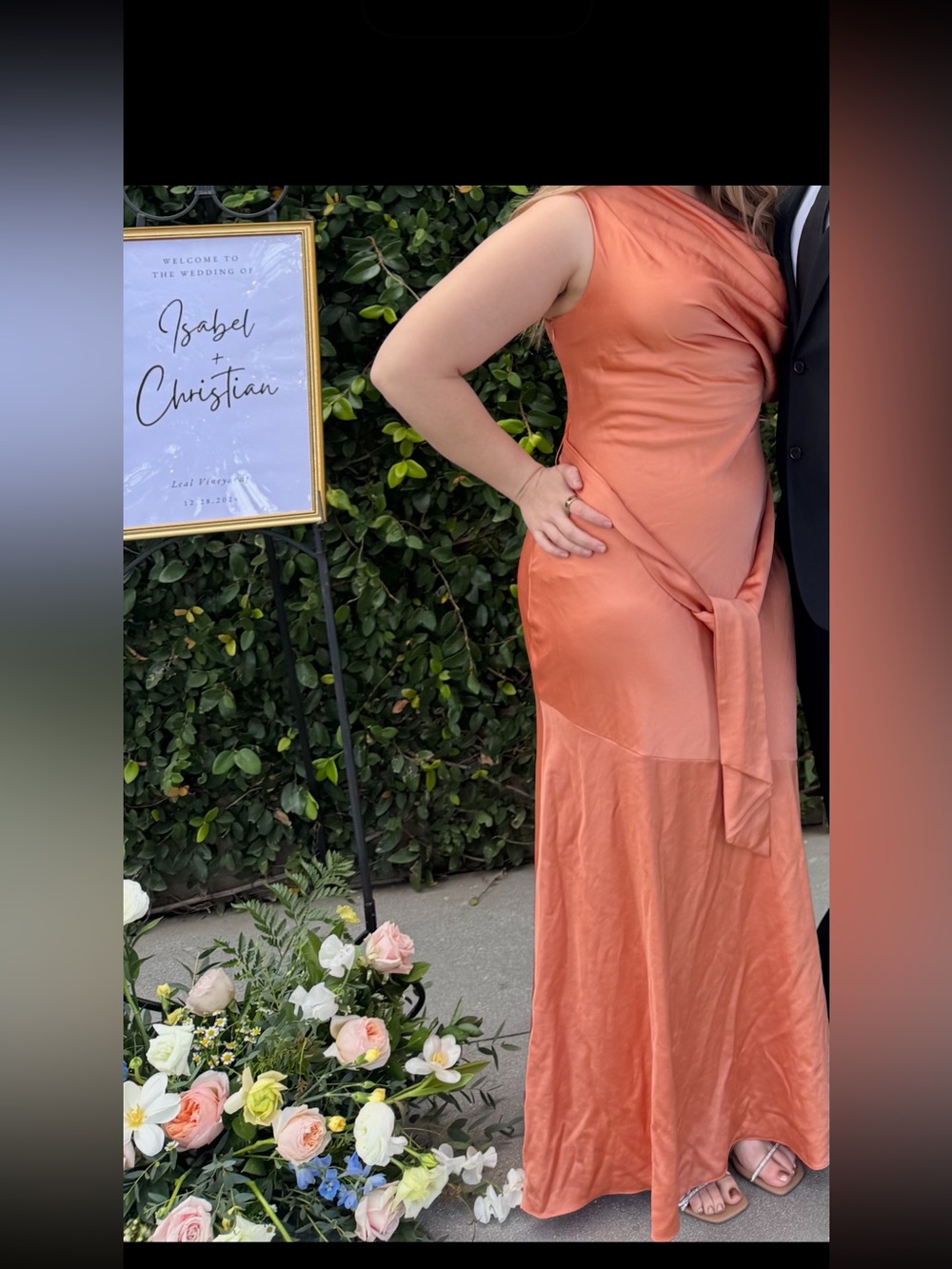 Significant Other Dress Maxi Erika Peach Orange Satin Shoulder Drape 6 - Picture 10 of 10
